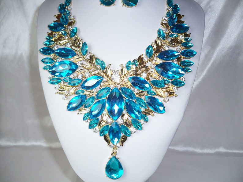 Aqua blue rhinestone necklace set, bridal wedding necklace, statement necklace, drag queen necklace,pageant necklace ballroom dance necklace image 3