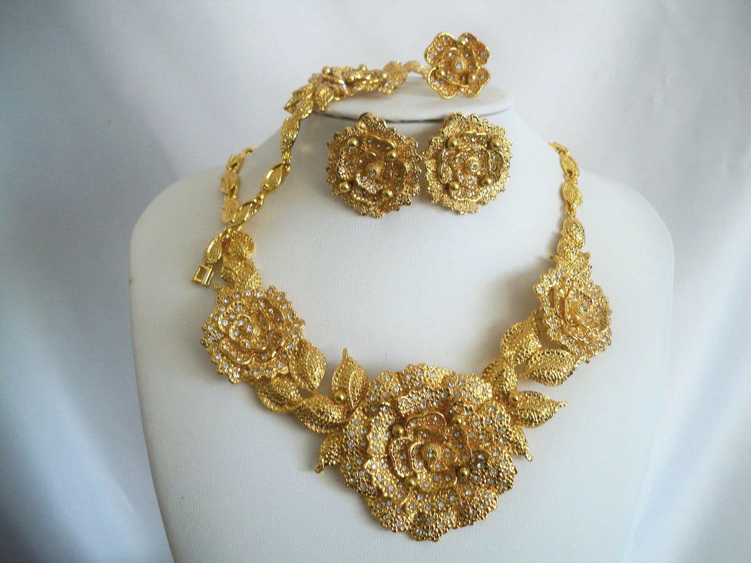 Gold Rhinestone Rose Necklace Set: Bridal, Prom, Ballroom