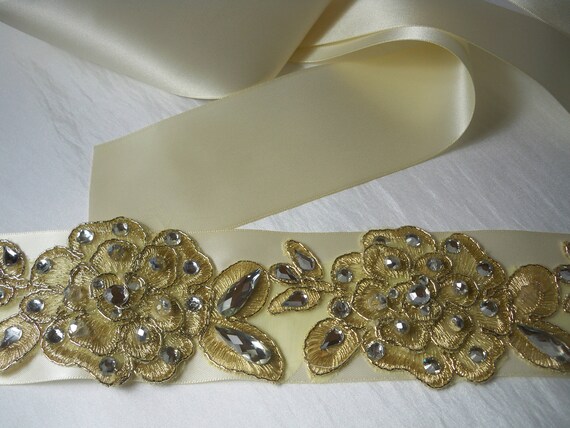 Ivory Gold Rhinestone Bridal Belt: Lace Applique Sash - Etsy display picture 3