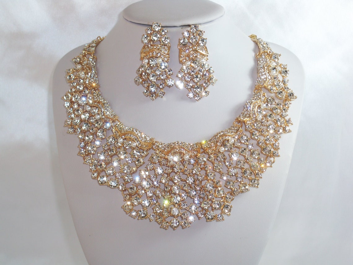 Gold rhinestone crystal bib necklacebridal wedding MOB | Etsy
