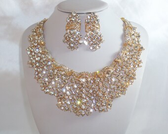 gold rhinestone crystal bib necklace,bridal wedding MOB necklace, prom pageant party Quinceanera necklace,ballroom dance drag queen necklace