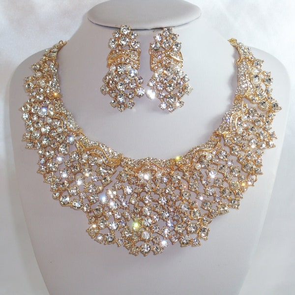 gold rhinestone crystal bib necklace,bridal wedding MOB necklace, prom pageant party Quinceanera necklace,ballroom dance drag queen necklace