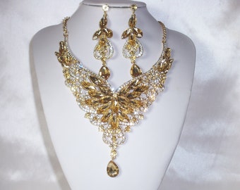 Champagne Rhinestone Necklace and Earring Set: Prom, Wedding Jewelry