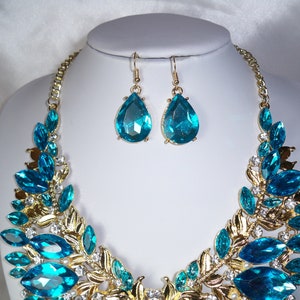 Aqua blue rhinestone necklace set, bridal wedding necklace, statement necklace, drag queen necklace,pageant necklace ballroom dance necklace image 4