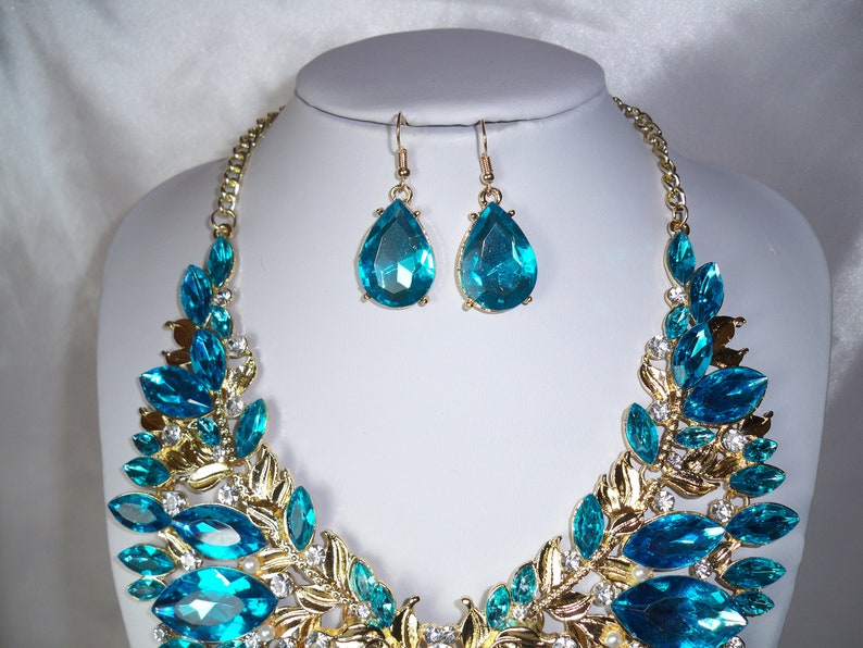 Aqua blue rhinestone necklace set, bridal wedding necklace, statement necklace, drag queen necklace,pageant necklace ballroom dance necklace image 4