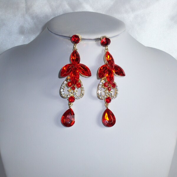 Red rhinestone long dangle chandelier earrings, wedding bridal MOB earrings, prom pageant drag queen ballroom dance formal wear earrings,