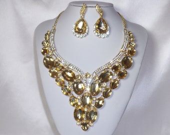 Champagne Rhinestone Statement Necklace Earring Set: Bridal Pageant Jewelry