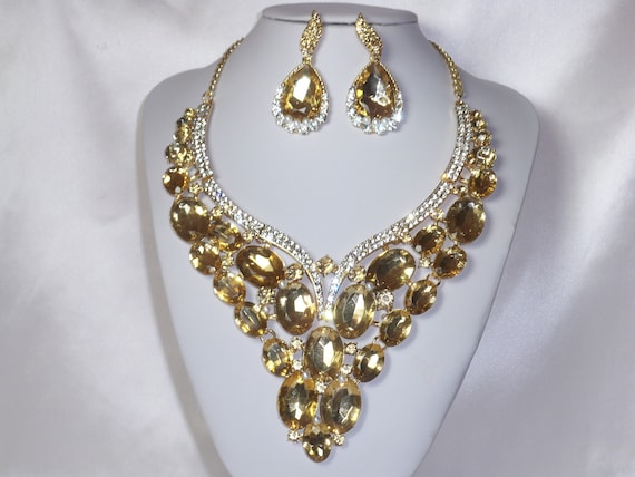 Champagne Rhinestone Statement Necklace Earring Set Ballroom Dance Necklace Pageant Bridal Party Formal Bridesmaid Drag Queen Jewelry Etsy