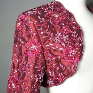 beaded satin cranberry crimson jacket, MOB prom party dressy formal wedding evening jacket cover up bolero