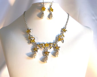 Rhinestone Necklace Set: Champagne Gold Victorian Bridal Jewelry