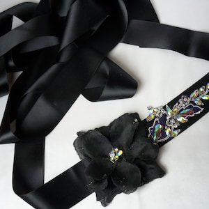Black AB Rhinestone Flower Bridal Sash: Formal Dress Belt