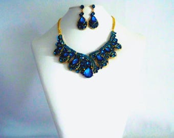 Navy Blue Rhinestone Necklace & Earring Set: Bridal Prom Jewelry