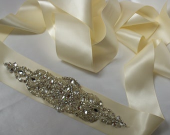 Ivory Rhinestone Bridal Belt Sash: Satin Wedding Dress Belt  display picture 2