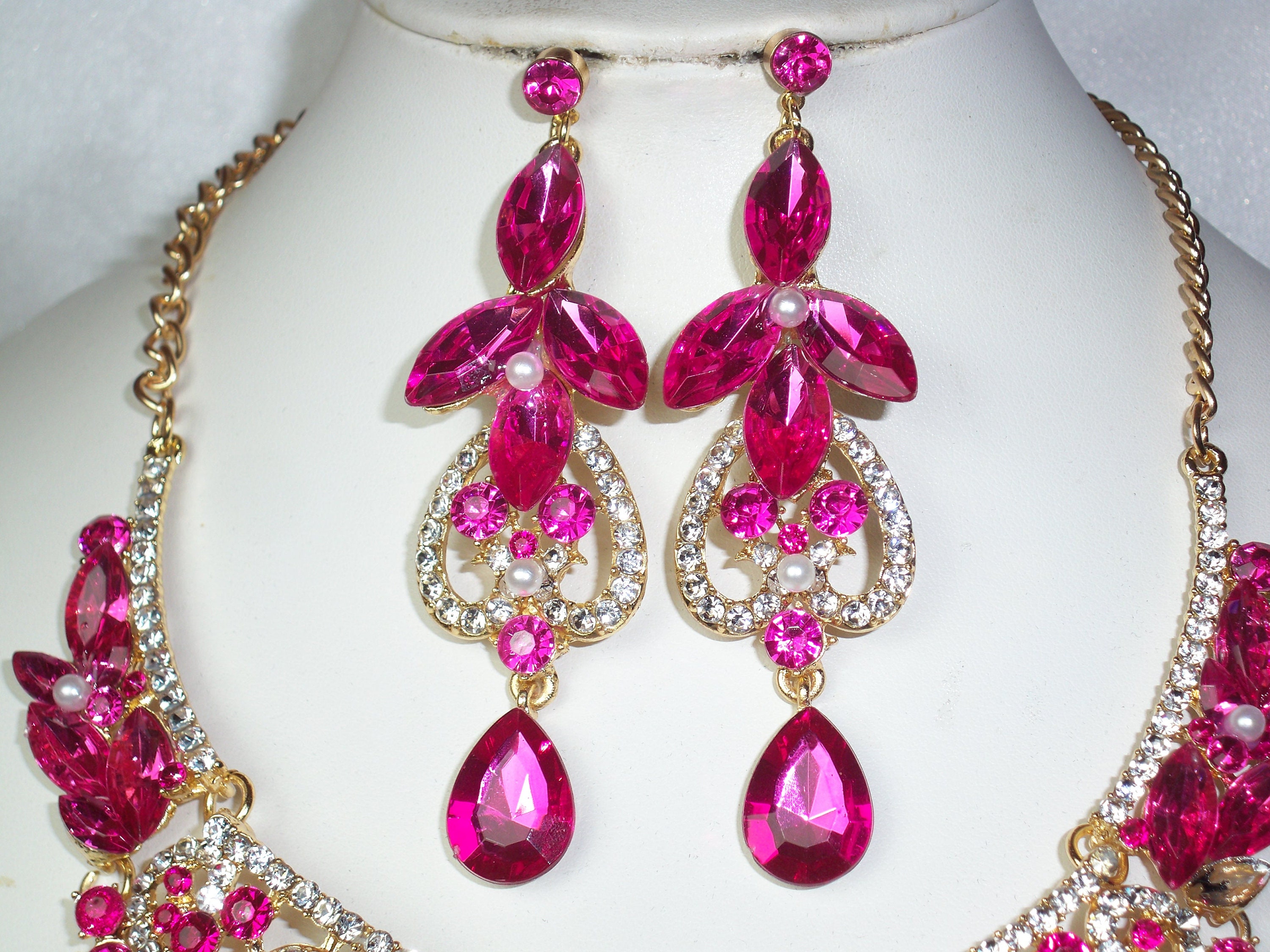 Hot Pink rhinestone necklace set necklace setbridal Etsy