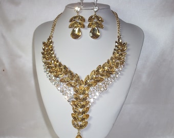 Champagne Rhinestone Necklace & Earrings Set: Bridal Statement Jewelry