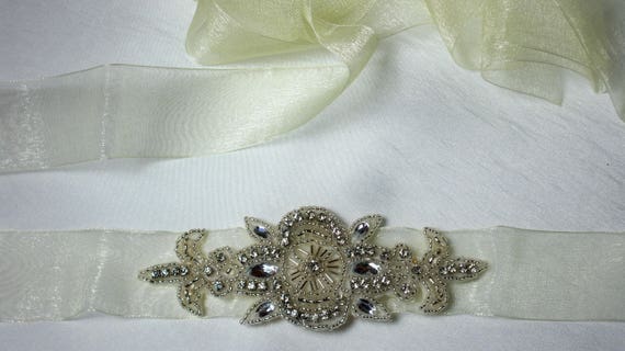 Ivory Organza Rhinestone Bridal Belt: Beaded Wedding Dress  display picture 2