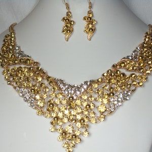 Champagne rhinestone gold beads statement necklace, pageant jewelry, ballroom jewelry, bridal necklace, drag queen jewelry, party necklace,