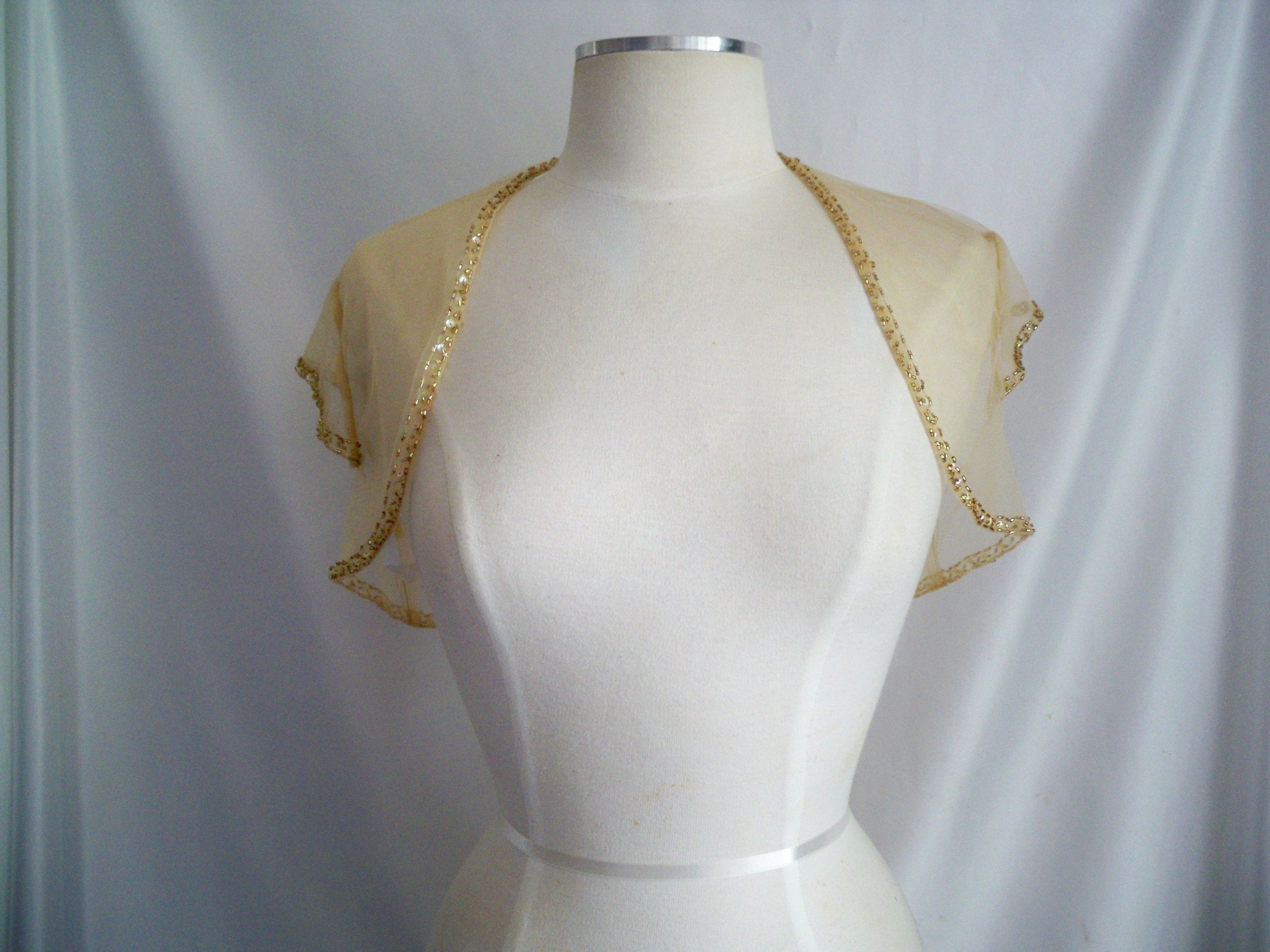 Beaded Chiffon Bolero Shrug: Tan Evening Jacket, Size 6