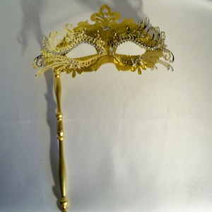 Gold rhinestone mask with or on a stick, wedding bridal prom costume masquerade ball mardi gras Christmas New Years Halloween party mask