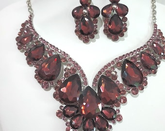 Mulberry plum purple rhinestone necklace set, wedding bridal MOB prom homecoming party formal evening drag queen statement ballroom jewelry