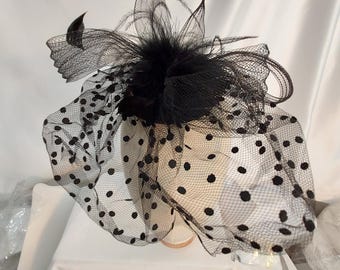 Black lace net feather fascinator mini hat, wedding party goth funeral masquerade costume Derby English high tea clip on headpiece mesh hat