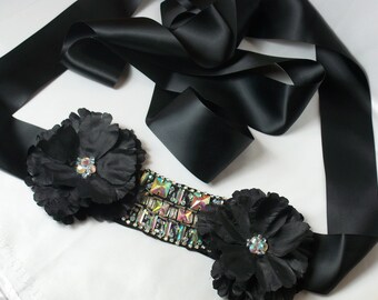 Black Rhinestone Bridal Belt Sash: AB Crystal Flower Applique