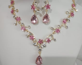 Pink vine floral necklace set, prom homecoming party wedding bridal MOB Quinceanera statement balloon formal evening necklace earring set