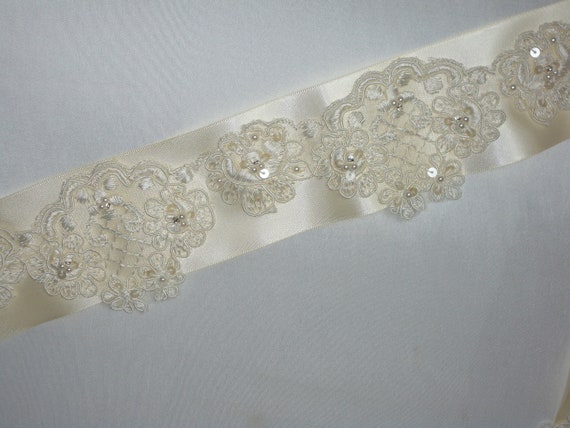 Ivory Lace Pearl Bridal Belt Sash: Sequin Wedding Dress Belt 