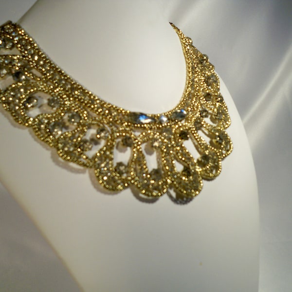 Beaded rhinestone gold bib necklace, wedding bridal MOB necklace. prom party formal necklace, prom party formal necklace,drag queen necklace