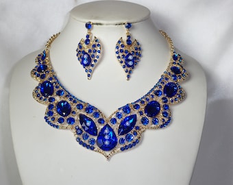 Blue Rhinestone Necklace Set: Pageant Wedding Jewelry