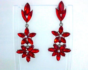 Red Rhinestone Flower Earrings: Bridal Wedding Dangle Earrings