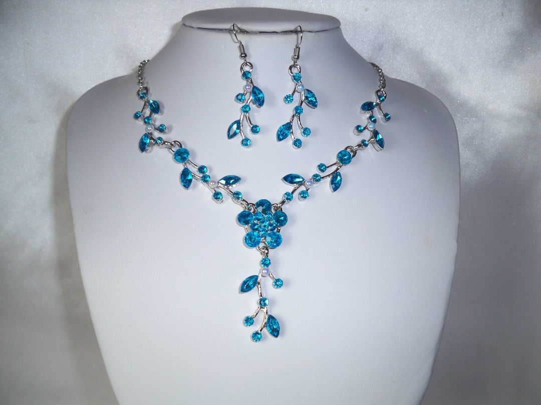Aqua Rhinestone Necklace Set: Flower Vine Bridal Jewelry