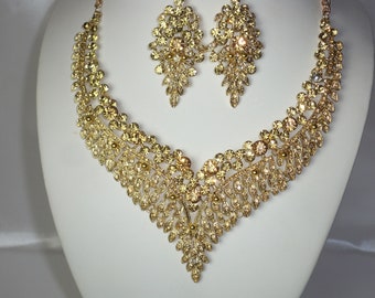 Topaz Champagne Rhinestone Statement Necklace Earring Set, Ballroom Dance, Pageant, Bridal, Party, Formal, Bridesmaid, Drag Queen Jewelry