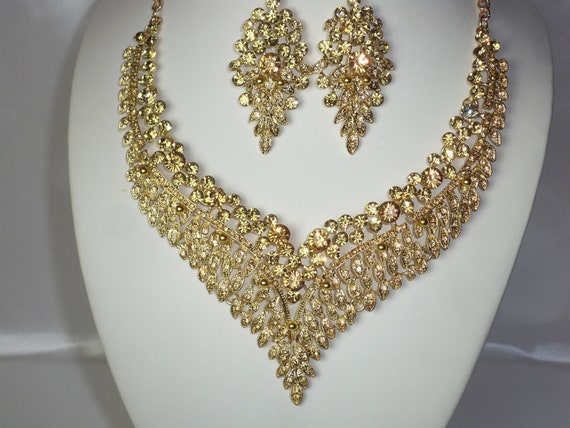 Champagne Rhinestone Statement Necklace Earring Set Ballroom | Etsy