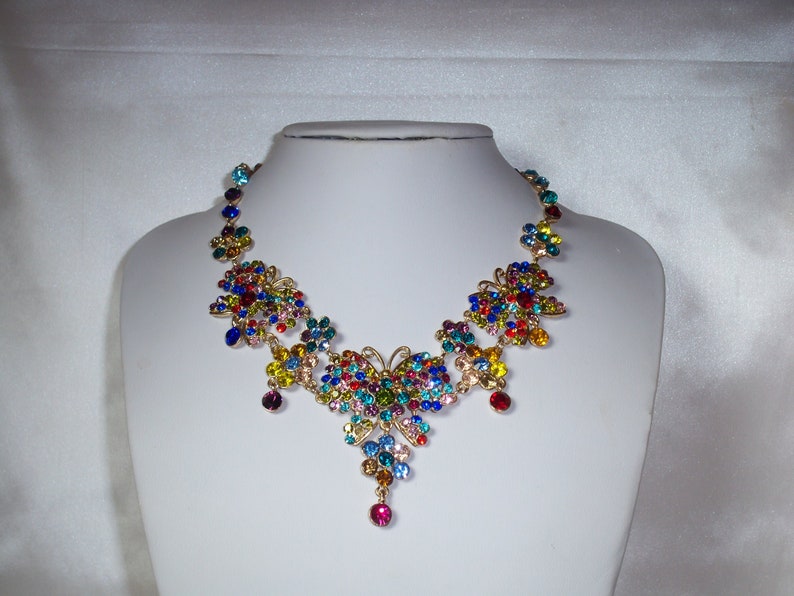Muli color rhinestone necklace set,wedding bridal MOB necklace Quenceanera party prom necklace,drag queen necklace,butterfly necklace set