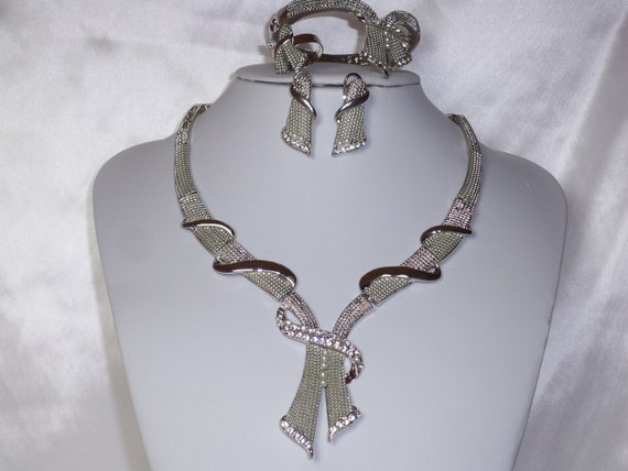 Silver 4 pc. necklace set, bridal wedding necklace, prom pageant Quenceanera necklace, party fashion necklace, statement drag queen necklace