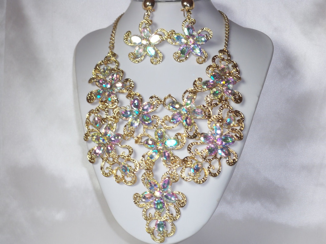 Rhinestone AB Statement Necklace Set, Bridal Wedding Necklace