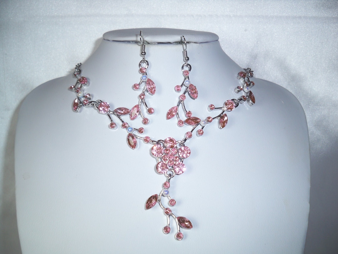 Pink Rhinestone Necklace Jewelry Set, Prom Quenceanera Bridal Party