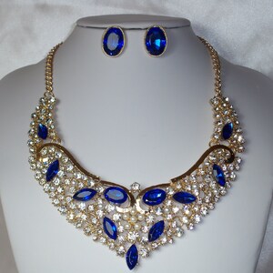 Blue sapphire rhinestone necklace set, bridal necklace, prom necklace, pageant necklace, Quenceanera necklace,party formal necklace,blue set image 1