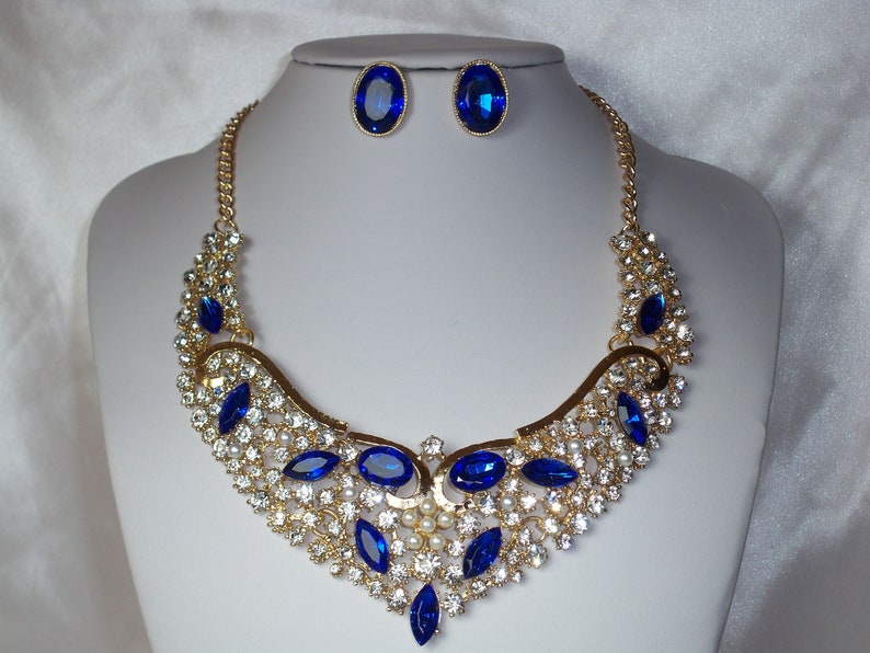 Blue sapphire rhinestone necklace set, bridal necklace, prom necklace, pageant necklace, Quenceanera necklace,party formal necklace,blue set image 1