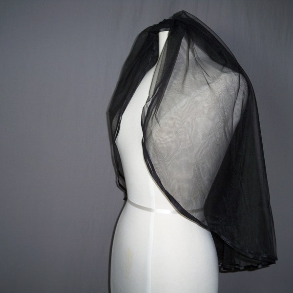 2 tier black veil, goth veil, gothic wedding veil, mourning veil, black satin edge veil, Black Elbow Legnth Bridal Costume Renaissance  Veil