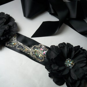 Black Rhinestone Bridal Belt Sash: Crystal Flower Applique