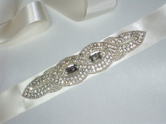 Ivory Rhinestone Bridal Belt Sash: Crystal Wedding Dress  display picture 3