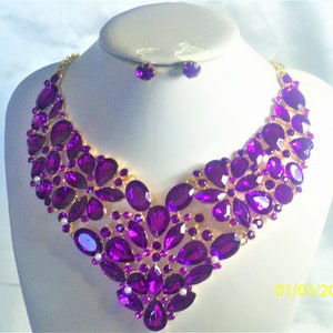 Purple rhinestone  necklace set, wedding MOB bridal necklace, prom homecoming party formal necklace, drag queen ballroom dance necklace