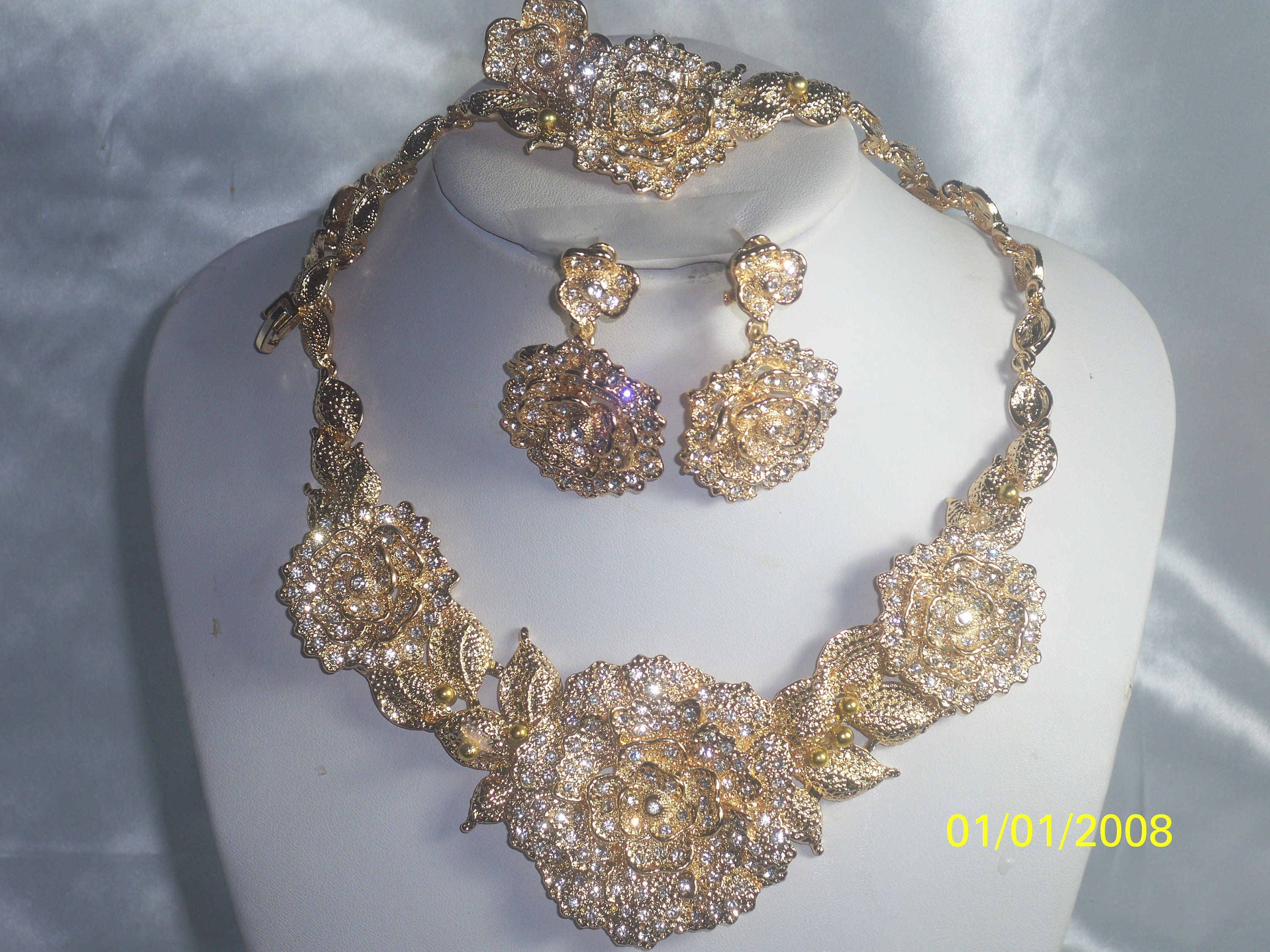 Gold Rhinestone Rose Flower 4 Pc. Necklace Set. Wedding Bridal - Etsy