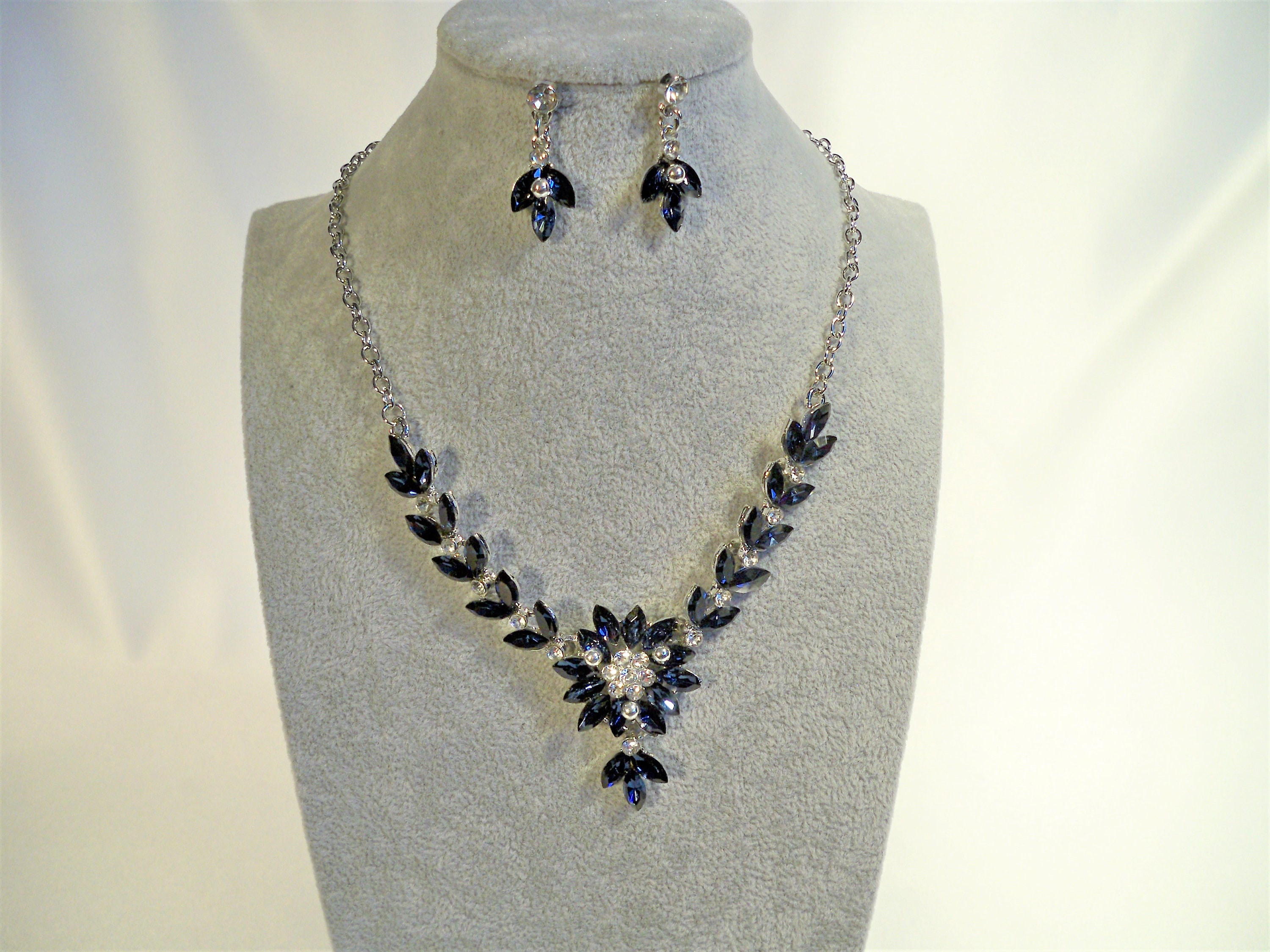 Navy Blue Dark Blue Rhinestone Necklace Set Wedding MOB Bridal