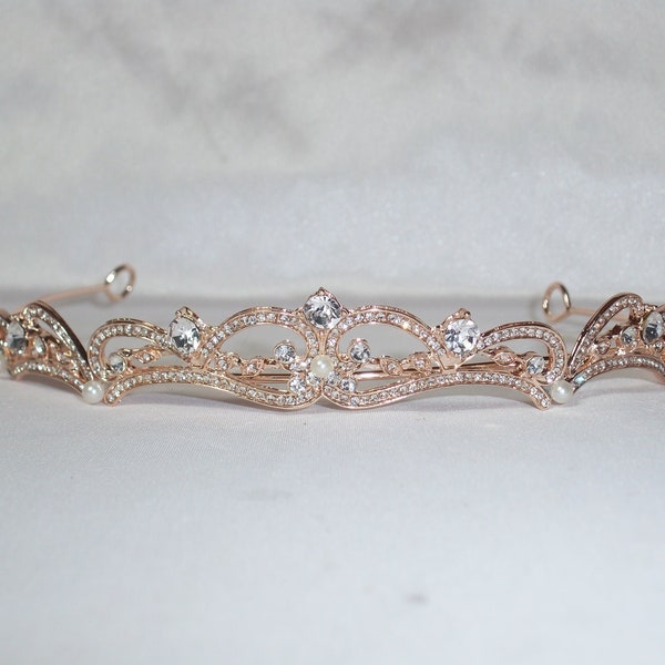 Rose gold rhinestone pearl bridal wedding tiara, prom Quenceanera party tiara crown, formal evening wear tiara, flower girl first communion