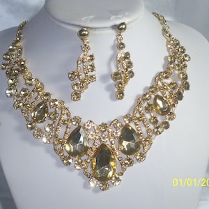 Champagne Gold Rhinestone Necklace Set: Bridal, Prom, Ballroom