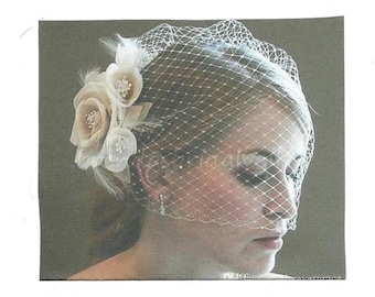 Champagne Floral Birdcage Veil: Peach Wedding Headpiece with Feathers