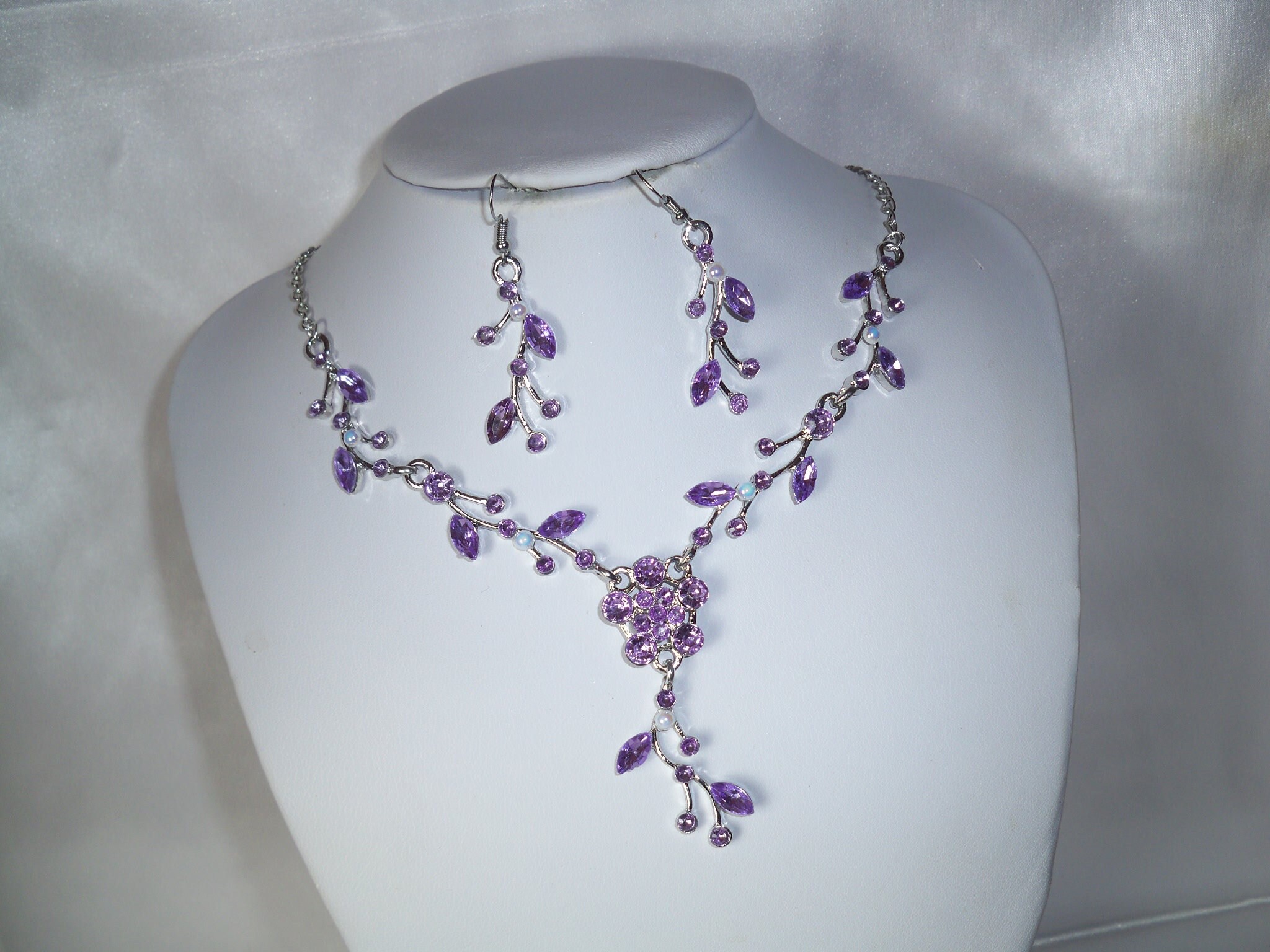 Purple Regal Rhinestone Crystal Statement Bridal Bridesmaid Necklace  Earring Set Silver Tone F5 - CR11US753C7